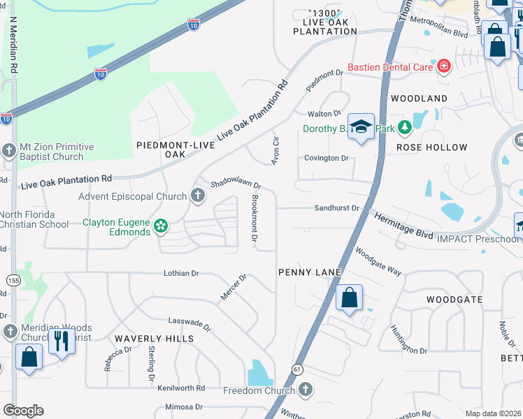map of restaurants, bars, coffee shops, grocery stores, and more near 3014 Brookmont Drive in Tallahassee