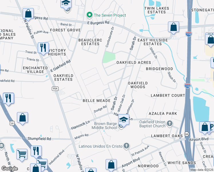 map of restaurants, bars, coffee shops, grocery stores, and more near 101 Czar Lane in Pensacola