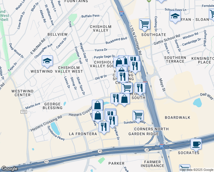 map of restaurants, bars, coffee shops, grocery stores, and more near 2330 Dry Creek Drive in Round Rock