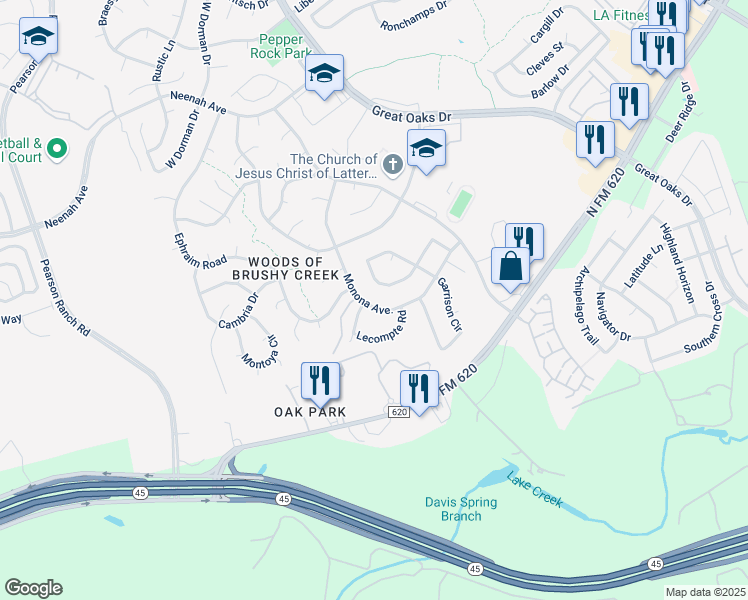 map of restaurants, bars, coffee shops, grocery stores, and more near 15613 Poynette Place in Austin