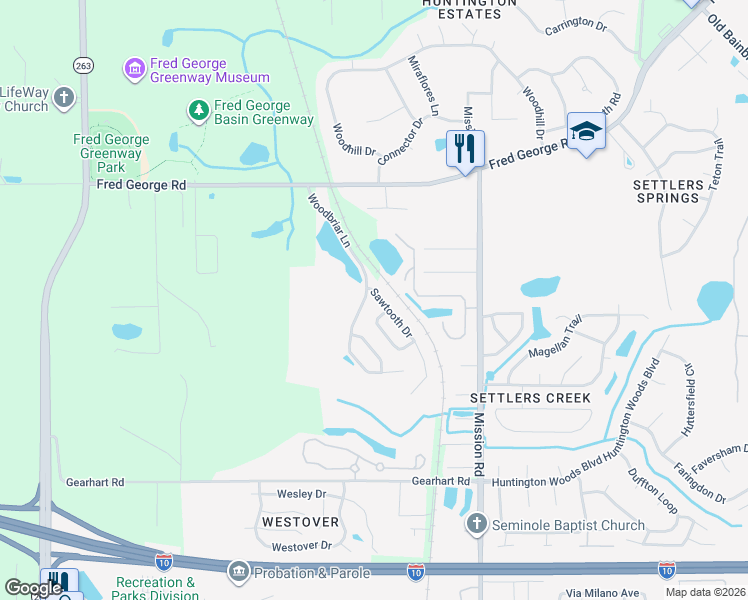 map of restaurants, bars, coffee shops, grocery stores, and more near 3383 Woodbriar Lane in Tallahassee