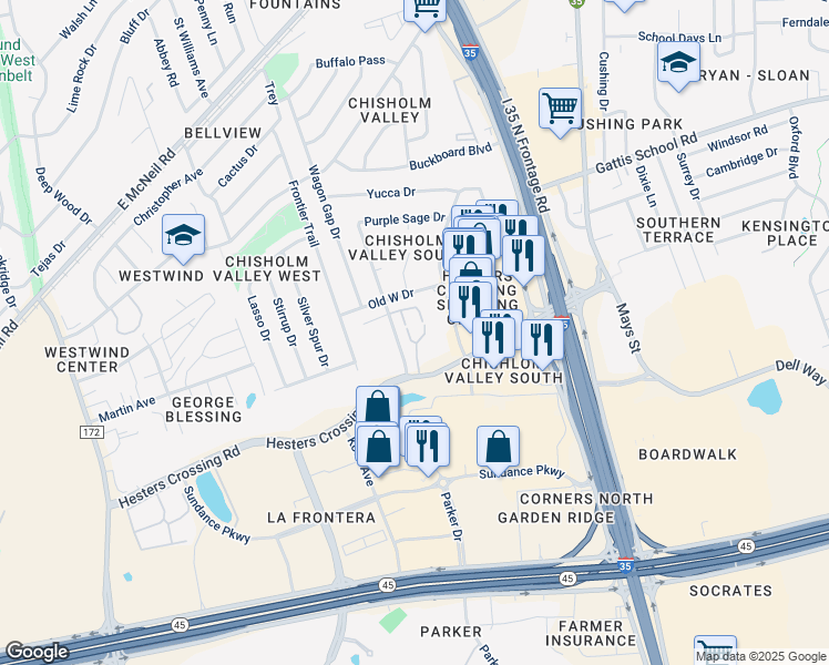 map of restaurants, bars, coffee shops, grocery stores, and more near 2330 Dry Creek Drive in Round Rock