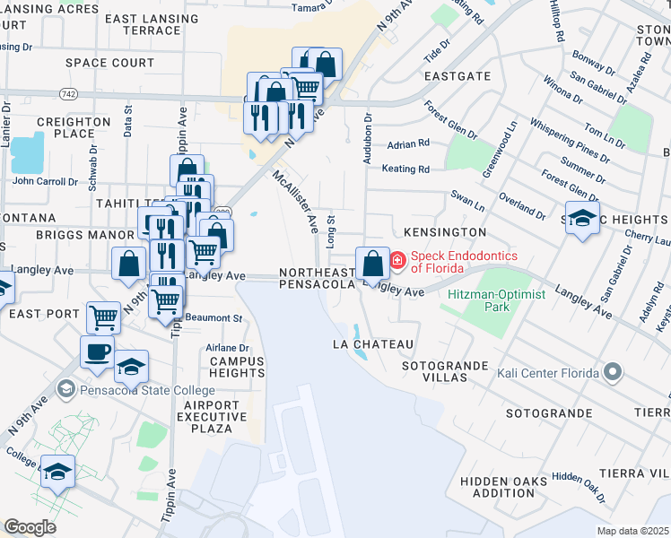 map of restaurants, bars, coffee shops, grocery stores, and more near 6308 Long Street in Pensacola