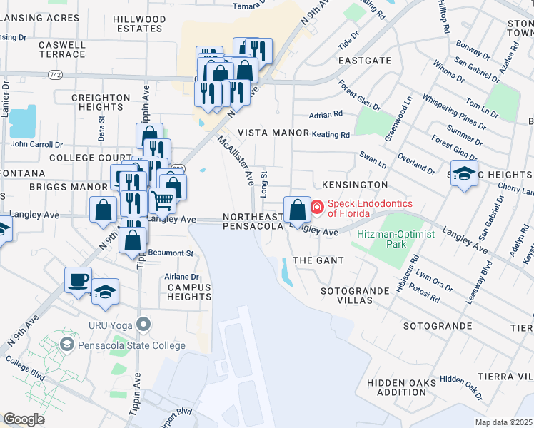 map of restaurants, bars, coffee shops, grocery stores, and more near 6308 Long Street in Pensacola