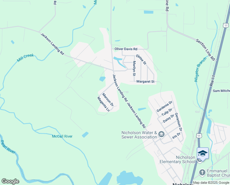 map of restaurants, bars, coffee shops, grocery stores, and more near 99 Vermillion Lane in Picayune