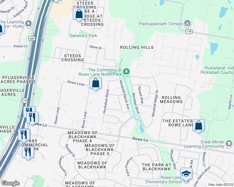 map of restaurants, bars, coffee shops, grocery stores, and more near 2408 Stonepath Way in Pflugerville