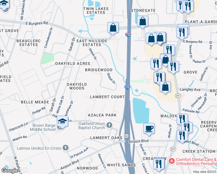 map of restaurants, bars, coffee shops, grocery stores, and more near 546 Shiloh Drive in Pensacola