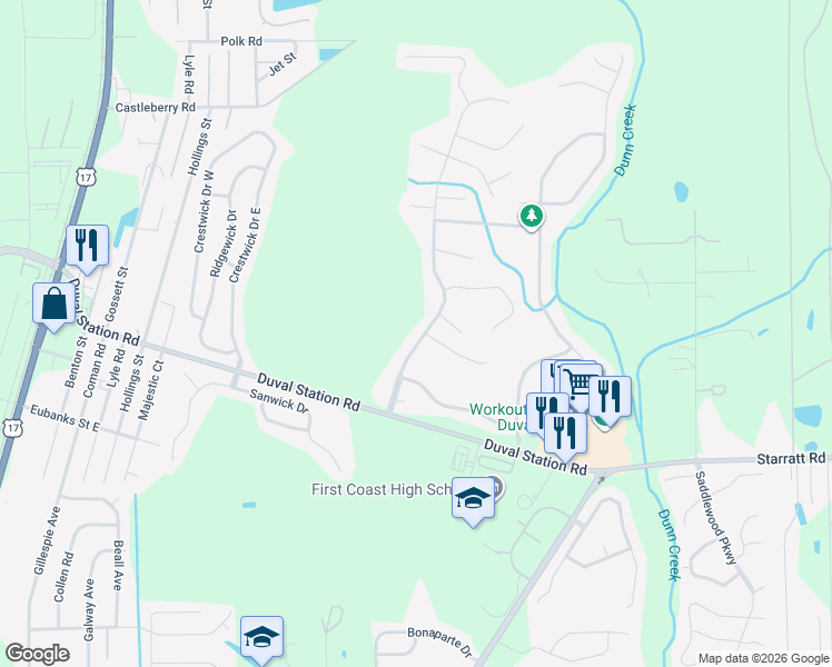 map of restaurants, bars, coffee shops, grocery stores, and more near 13982 Summer Breeze Drive in Jacksonville