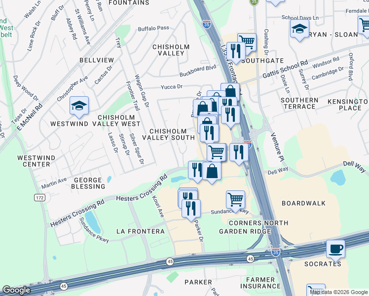 map of restaurants, bars, coffee shops, grocery stores, and more near 2102 Rawhide Drive in Round Rock