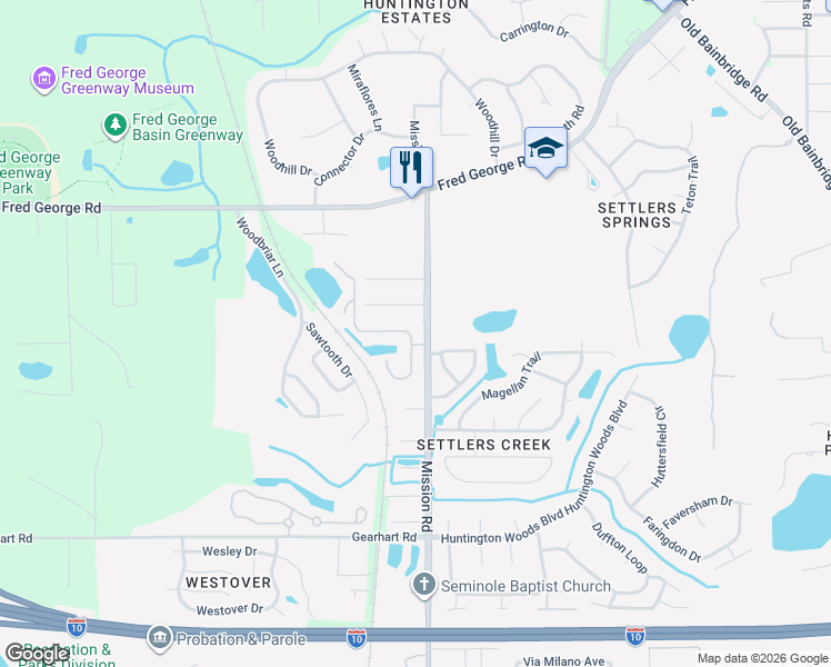 map of restaurants, bars, coffee shops, grocery stores, and more near 2019 Canewood Court in Tallahassee