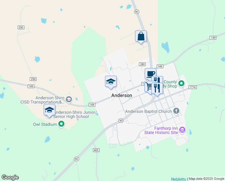 map of restaurants, bars, coffee shops, grocery stores, and more near 1139 Texas 90 in Anderson