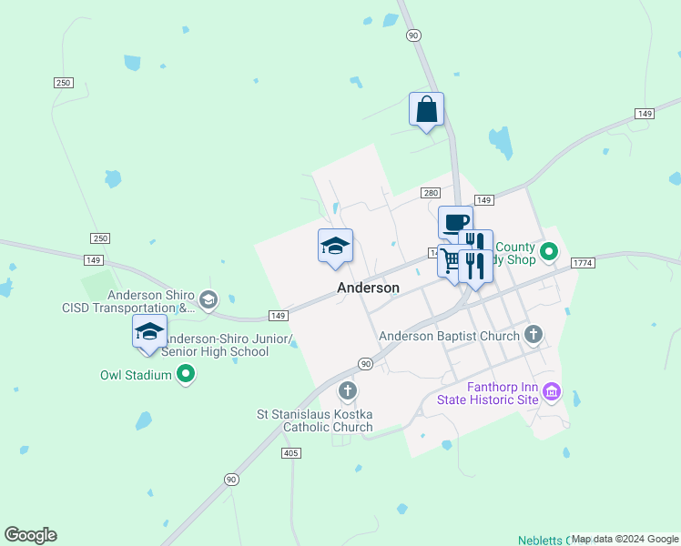 map of restaurants, bars, coffee shops, grocery stores, and more near 1139 Texas 90 in Anderson