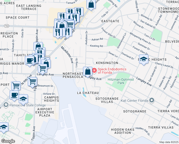 map of restaurants, bars, coffee shops, grocery stores, and more near 6316 Langley Place Road in Pensacola