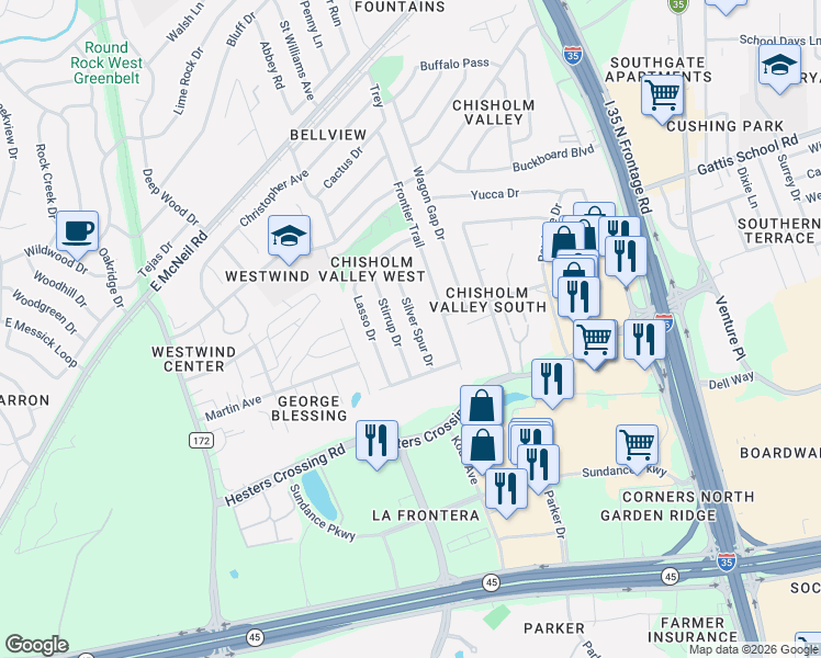 map of restaurants, bars, coffee shops, grocery stores, and more near 2301 Silver Spur Drive in Round Rock