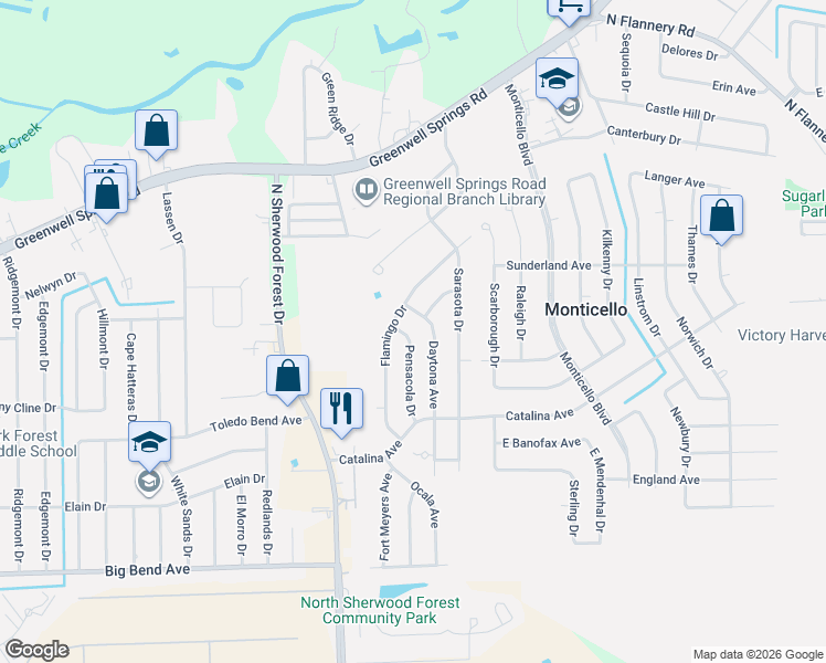 map of restaurants, bars, coffee shops, grocery stores, and more near 11581 Flamingo Drive in Baton Rouge