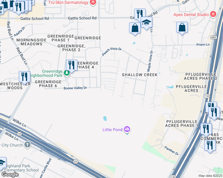 map of restaurants, bars, coffee shops, grocery stores, and more near 714 Coconut Grove Street in Pflugerville
