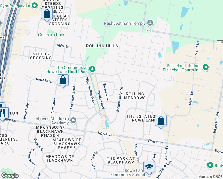 map of restaurants, bars, coffee shops, grocery stores, and more near 2713 Sixpence Lane in Pflugerville