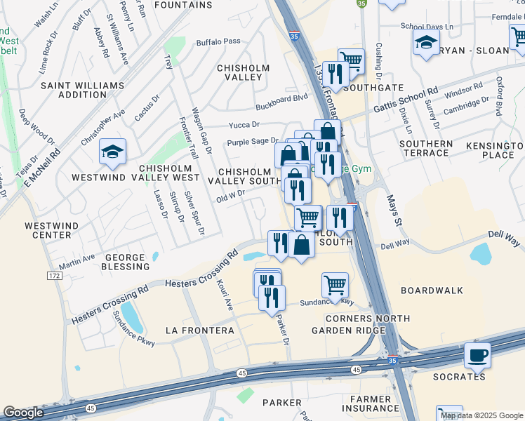 map of restaurants, bars, coffee shops, grocery stores, and more near 2102 Rawhide Drive in Round Rock
