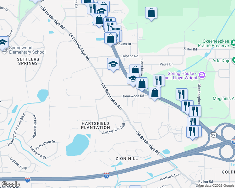 map of restaurants, bars, coffee shops, grocery stores, and more near 1829 Cottage Grove Road in Tallahassee