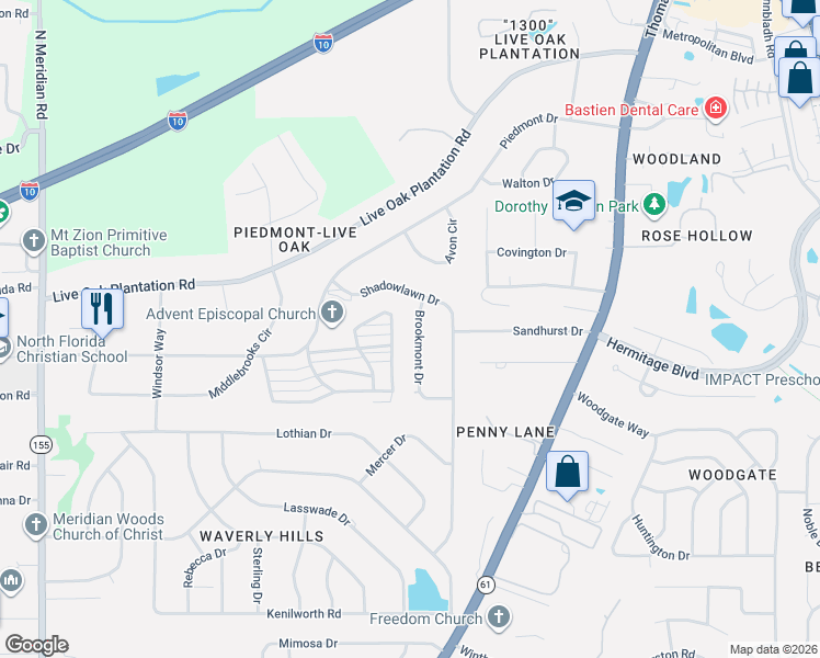 map of restaurants, bars, coffee shops, grocery stores, and more near 3024 Brookmont Drive in Tallahassee