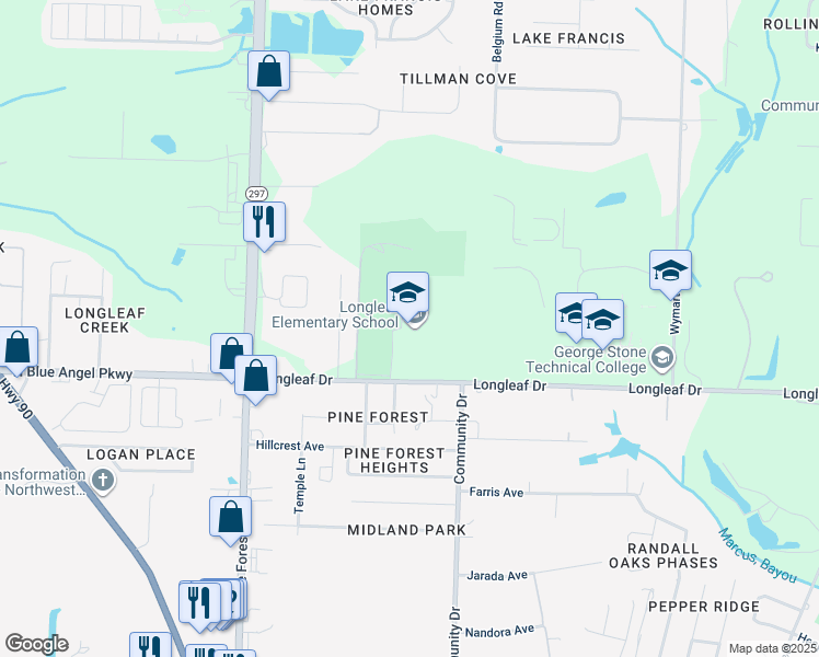 map of restaurants, bars, coffee shops, grocery stores, and more near 2600 Longleaf Drive in Pensacola