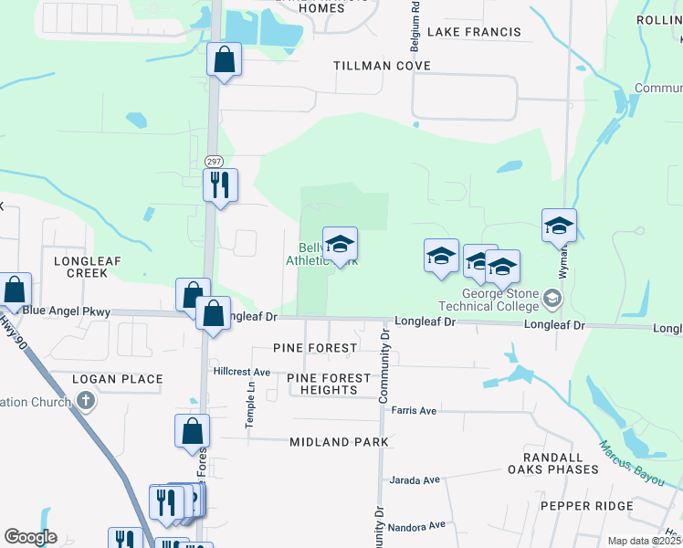 map of restaurants, bars, coffee shops, grocery stores, and more near 2600 Longleaf Drive in Pensacola