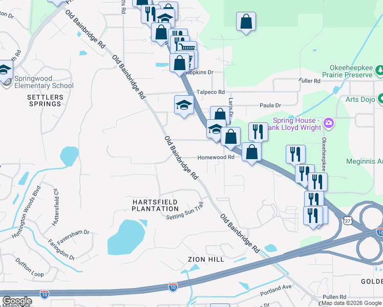 map of restaurants, bars, coffee shops, grocery stores, and more near 1829 Cottage Grove Road in Tallahassee