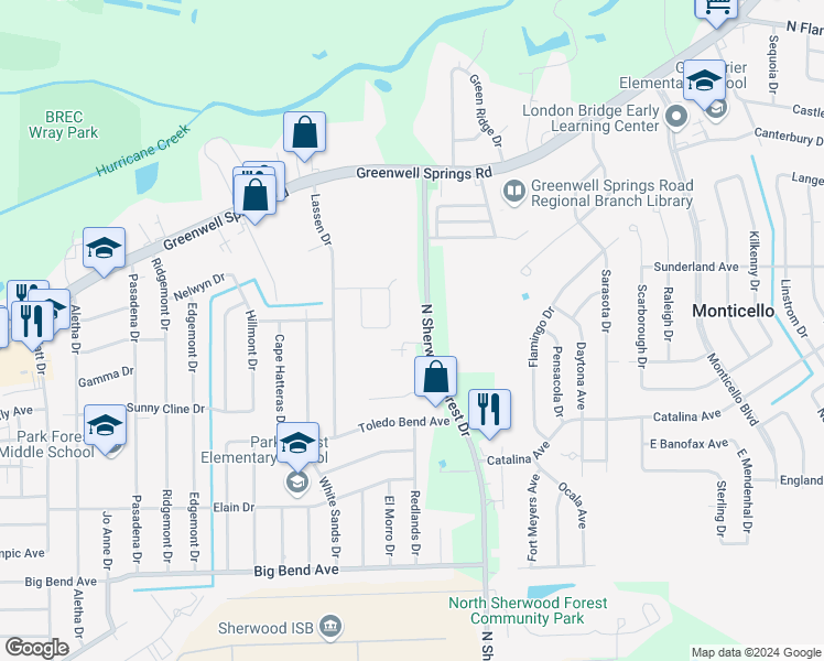 map of restaurants, bars, coffee shops, grocery stores, and more near 4125 North Sherwood Forest Drive in Baton Rouge