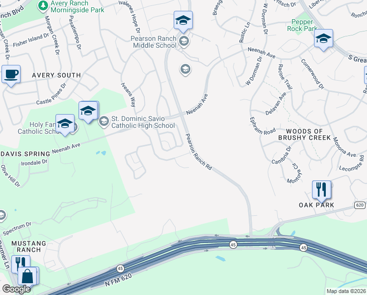 map of restaurants, bars, coffee shops, grocery stores, and more near 14214 McCoy Loop in Austin