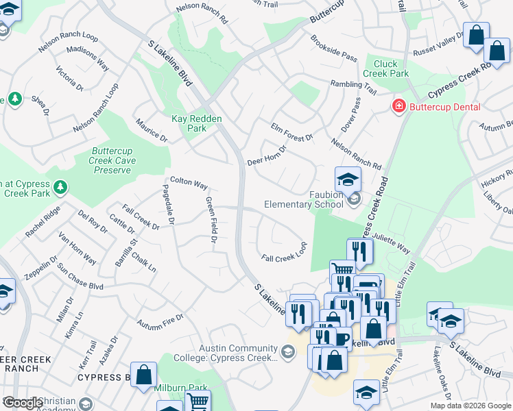 map of restaurants, bars, coffee shops, grocery stores, and more near 1409 Fall Creek Loop in Cedar Park
