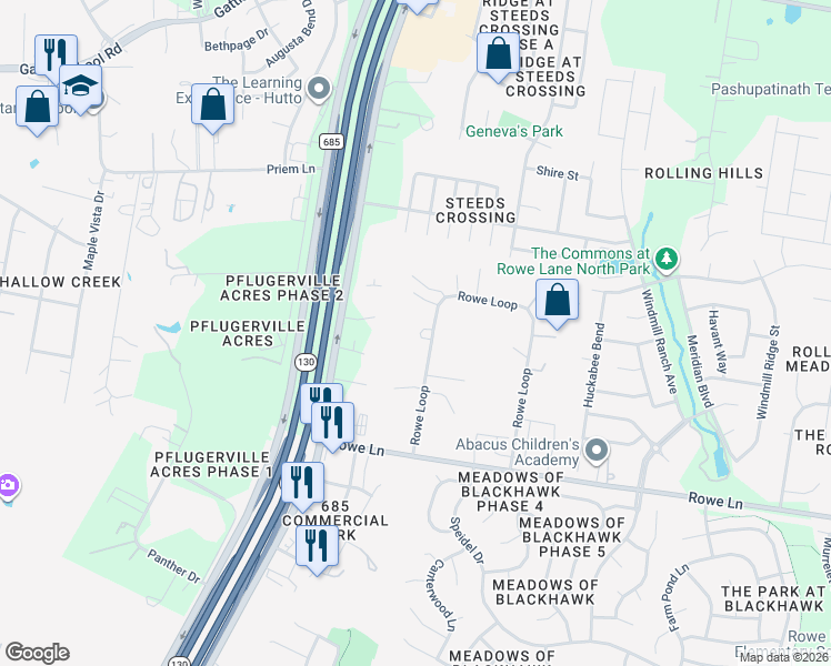 map of restaurants, bars, coffee shops, grocery stores, and more near 1822 Rowe Loop in Pflugerville