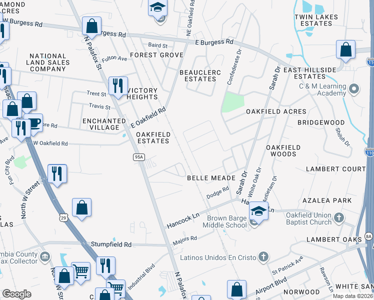map of restaurants, bars, coffee shops, grocery stores, and more near 2 Monarch Lane in Pensacola