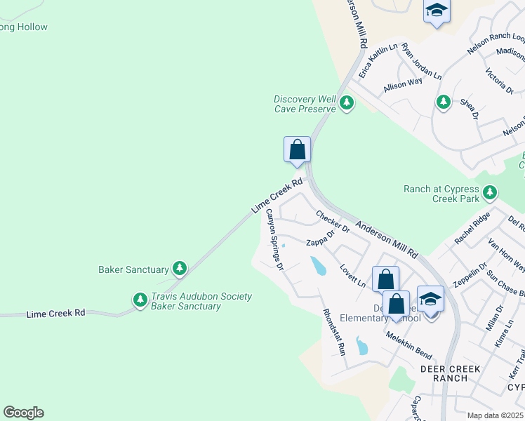 map of restaurants, bars, coffee shops, grocery stores, and more near 701 Canyon Springs Drive in Cedar Park