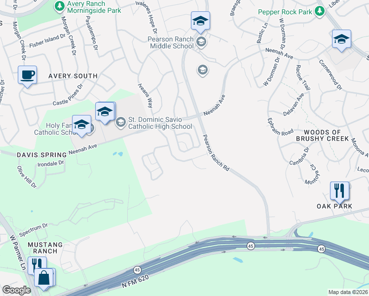 map of restaurants, bars, coffee shops, grocery stores, and more near 9006 Palmito Drive in Austin