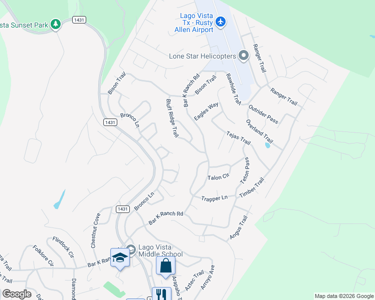 map of restaurants, bars, coffee shops, grocery stores, and more near 8624 Bluff Ridge Trail in Leander