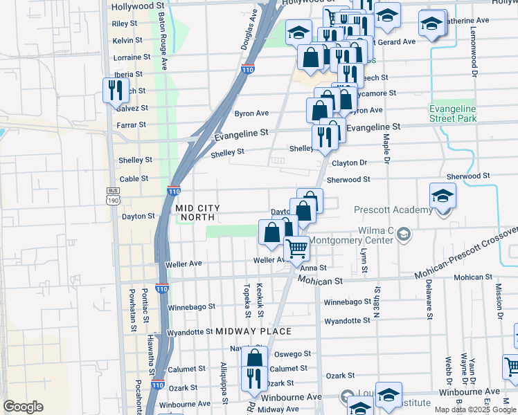 map of restaurants, bars, coffee shops, grocery stores, and more near 2866 Sherwood Street in Baton Rouge
