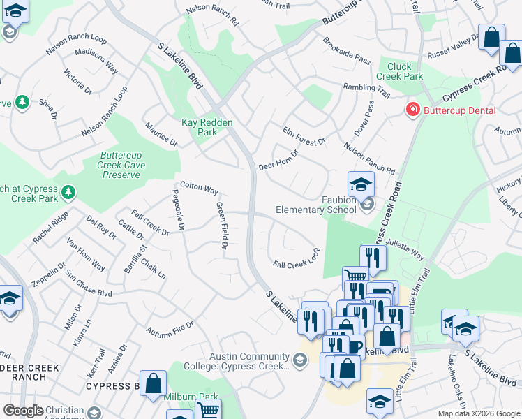 map of restaurants, bars, coffee shops, grocery stores, and more near 1409 Fall Creek Loop in Cedar Park
