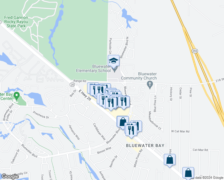 map of restaurants, bars, coffee shops, grocery stores, and more near 4516 Parkwood Lane in Niceville