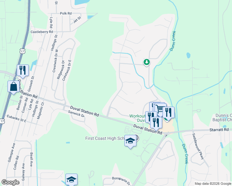 map of restaurants, bars, coffee shops, grocery stores, and more near 14022 Summer Breeze Drive in Jacksonville