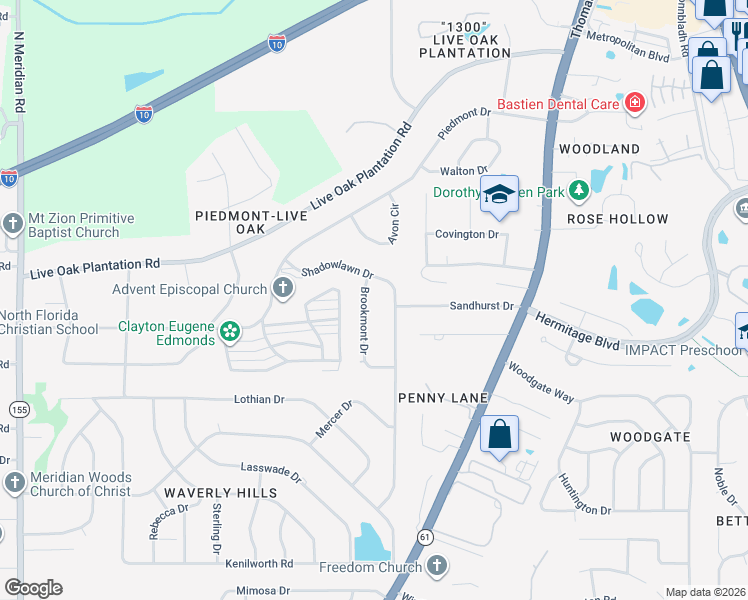 map of restaurants, bars, coffee shops, grocery stores, and more near 3024 Brookmont Drive in Tallahassee