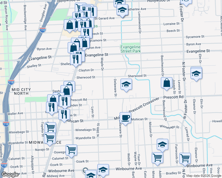map of restaurants, bars, coffee shops, grocery stores, and more near 4272 Delaware Street in Baton Rouge