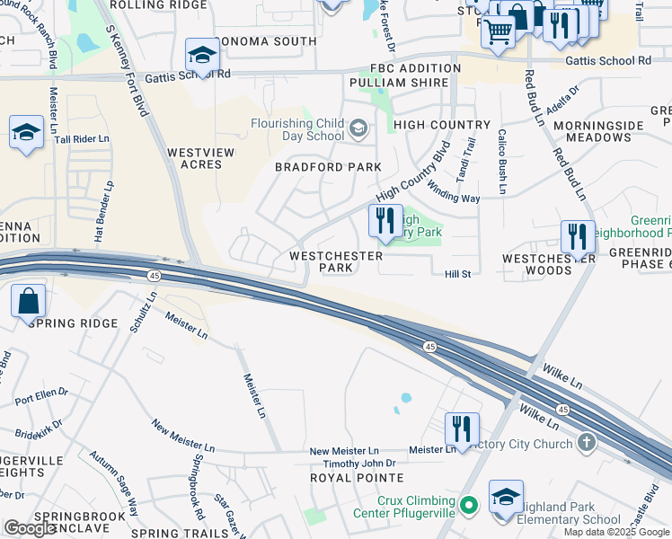 map of restaurants, bars, coffee shops, grocery stores, and more near 2705 Westhampton Court in Round Rock