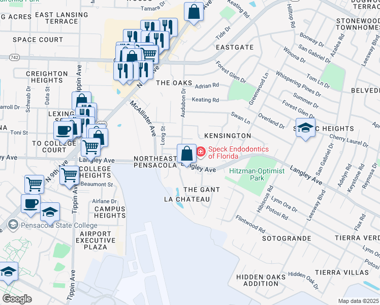 map of restaurants, bars, coffee shops, grocery stores, and more near 6324 Langley Place Road in Pensacola