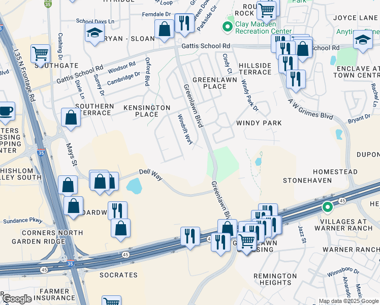 map of restaurants, bars, coffee shops, grocery stores, and more near 1508 Windsong Trail in Round Rock