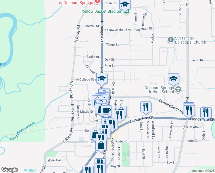 map of restaurants, bars, coffee shops, grocery stores, and more near 306 North Range Avenue in Denham Springs