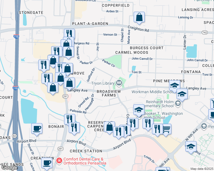 map of restaurants, bars, coffee shops, grocery stores, and more near 6395 Duquesne Drive in Pensacola