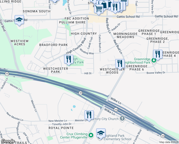 map of restaurants, bars, coffee shops, grocery stores, and more near 2911 Hill View Cove in Round Rock