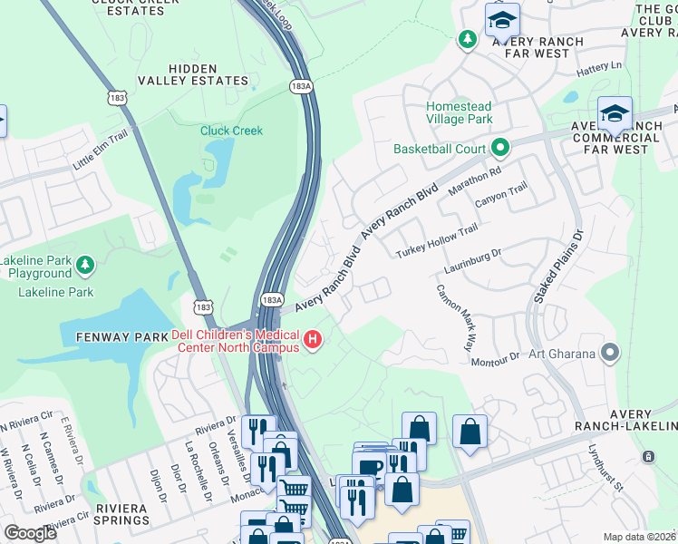 map of restaurants, bars, coffee shops, grocery stores, and more near 13100 Avery Ranch Boulevard in Austin