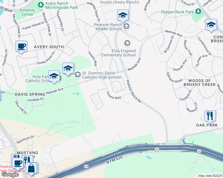 map of restaurants, bars, coffee shops, grocery stores, and more near 14505 Iveans Way in Austin