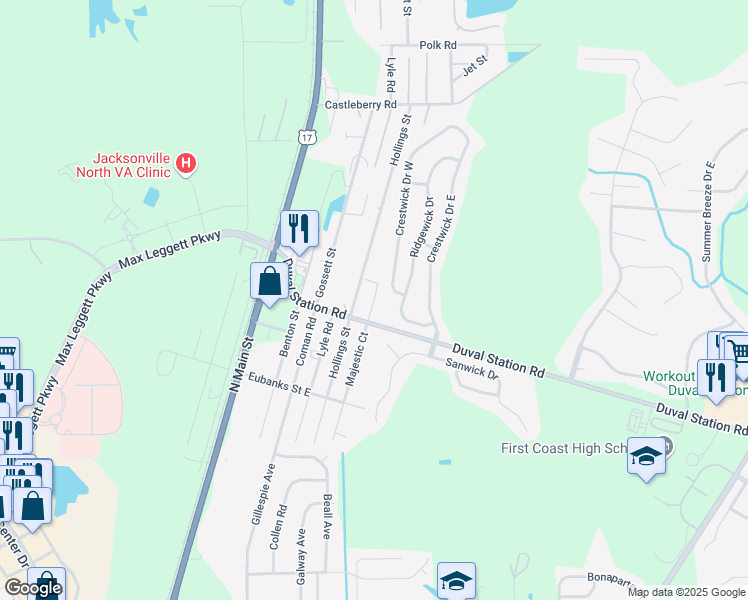map of restaurants, bars, coffee shops, grocery stores, and more near 13939 Hollings Street in Jacksonville